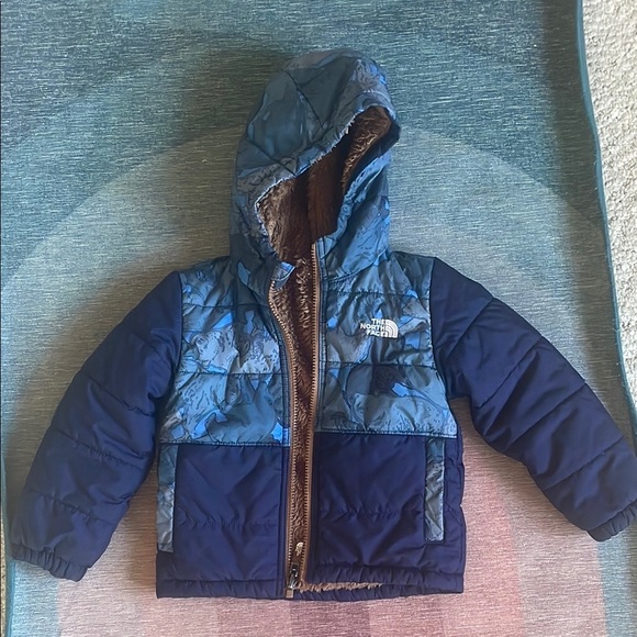 The North Face Blue Bear Print Puffer Reversible Teddy Jacket